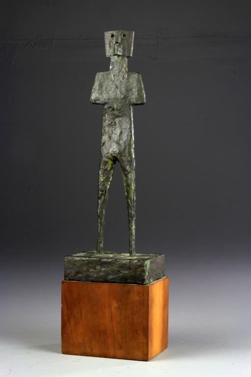 A Modern Bronze Sculpture Signed Rush: Depicting a robotic looking figure raised on fitted wood base, bronze measures 13"H, overall measures 16.75"H, circa mid 20th century. Collection of the Late Robert Willis owner of R.F. Willis Galleri