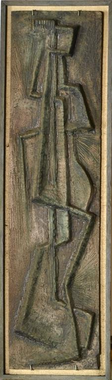 Lee Rosen Architectural Frieze Sculpture: A bas relief in concrete of abstract design, composed of subdued green, purple, and gray hues, signed "LEE" lower left, mounted and framed, measures 15"H x 50.25"W total, en verso reads "Lee Rosen, Ne