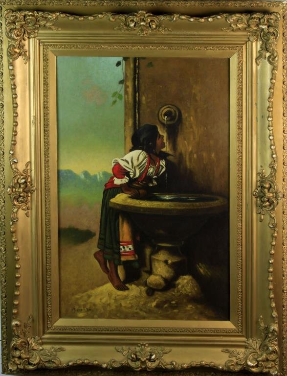 Oil Painting on Canvas of Girl at Fountain: After the original genre painting by Leon Bonnat depicting a girl drinking from a fountain with a mountain landscape in the background, signed "Bonnar" lower left, measures 28"H x 18"W sight, 39.25"H 