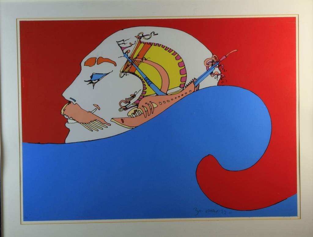 Peter Max Lithograph on Paper: Depicting a abstract figure of a human head, numbered lower left 56/100, pencil signed, and dated lower right Peter Max 1972, 21" H x 28.5" W sight, 27.5" H x 35" W framed.