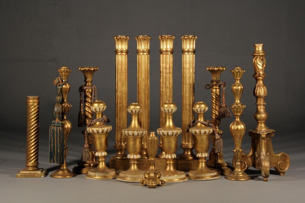 (15) Carved Gilt Wood Lamp Bases: Of various shapes and forms, largest measures 35.5"H, all circa 20th century, a nice grouping. Collection of the Late Robert Willis owner of R.F. Willis Galleries, Grand Rapids, Michigan.