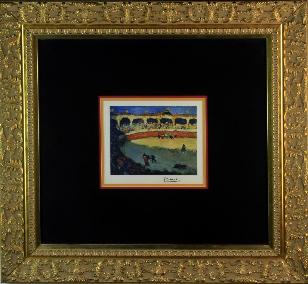 Hand Signed Picasso Print "Nature Morte": Depicting a matador in bull ring , hand signed lower right Picasso (1881-1973) lived in Spain and France and was known for cubist painting and printmaking, circa 20th century, 8"H x 8.5"W sight, 26.5"