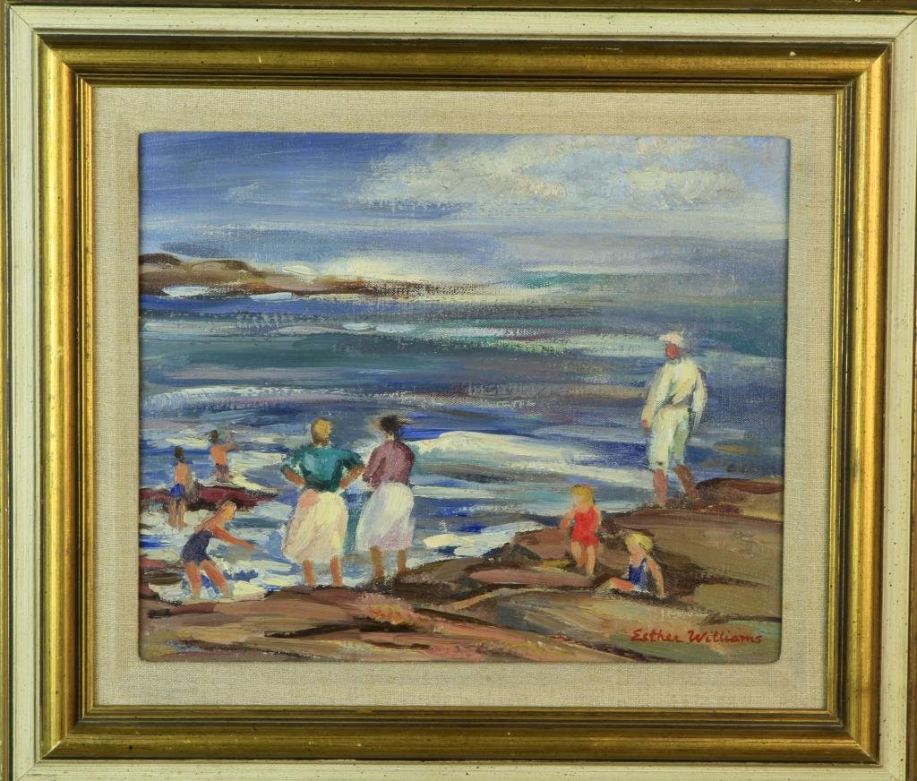 Esther Williams Oil Painting on Canvas: Depicting figures at the beach with coastline in background, signed lower right "Esther Williams" Esther Williams (1907-1969) lived and worked in New York and Massachusetts is known for portrait, flow