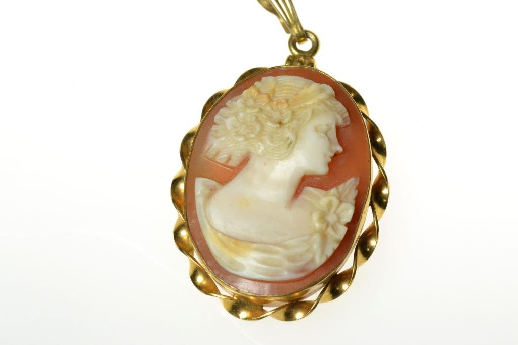 12K G.F. Carved Cameo Locket and Chain: Carved cameo depicting a female profile with flowers, locket measures 1.25"H, circa early to mid 20th century, locket and bail stamped 1/20 12k g.f. Private collection of an Oxford, Michigan lady.
