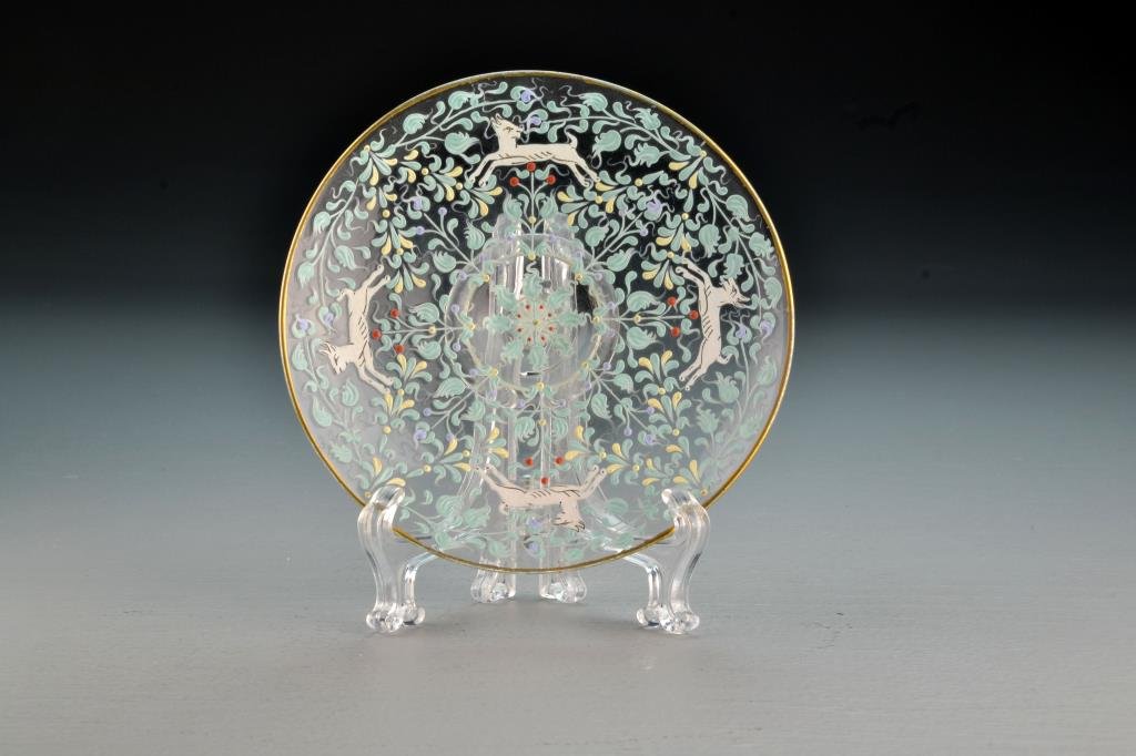 Venetian Art Deco Glass Compote: Hand blown and finely enameled to depict animals amongst foliage with gilt rim on footed base, 5.5" D, circa early 20th century. Collection of the Late Robert Willis owner of R.F. Willis Galleries, Gr