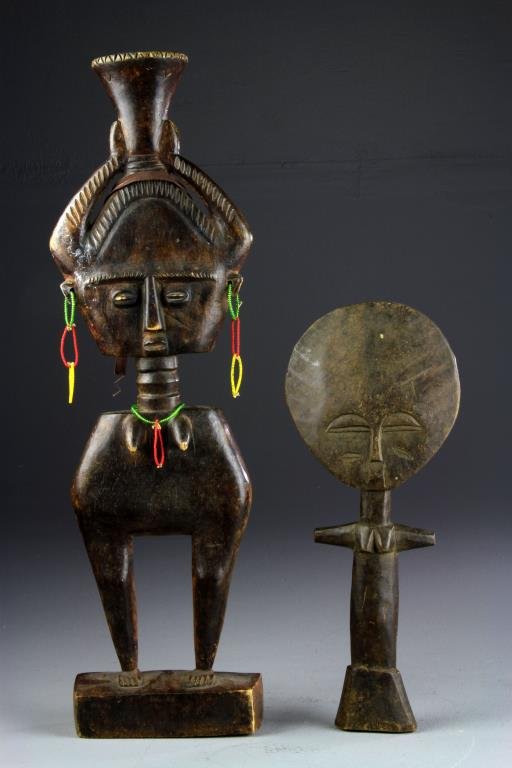 (2) Antique African Carved Wood Fertility Figures: To include two fertility figures each with broad flat faces, one depicted carrying a basin on head and having beaded adornments, largest measures 19.75"H, circa late 19th- early 20th century. Collecti