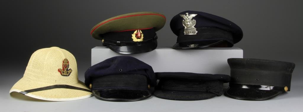 (6) Vintage Milatary, Conductor, Law Enforcement Hats: To include a nice train conductors hat labled for Whaling's Detroit MI, one milatary cap origin unknown, three police or security caps, together with a straw hat with a badge for 15th Canadian Light H