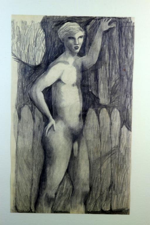 (Pr) Richard Jerzy Charcoal and Pencil Drawings: A pair of drawings, both of standing nude male figures, one in pencil, one in charcoal, one signed lower left, one signed lower right "R. Jerzy" Richard Jerzy (1944-2001), Michigan artist known for fl