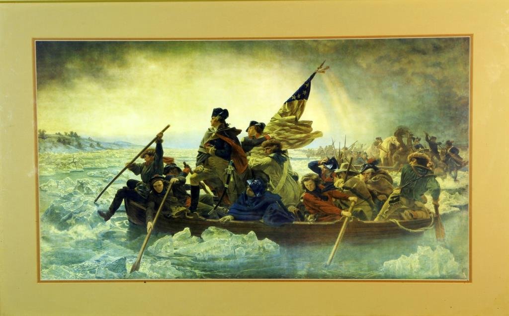 Antique Lithograh in Colors on Paper: Depicting George Washington crossing the Delaware, unsigned, but a nice crisp image, nicely framed and matted, image measures 16.75"H x 30"W, overall 23.25"H x 37"W. Private collection Auburn Hills, M