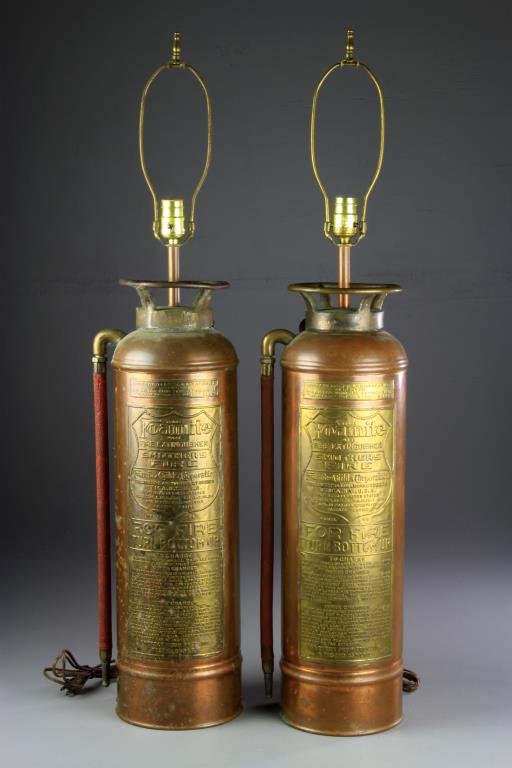 Pr. Antique Copper & Brass Fire Extinguisher Lamps