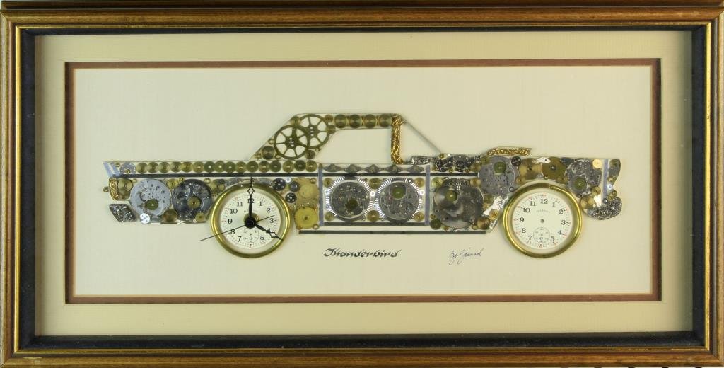 Framed Girard Watch Sculpture: Depicting a Thunderbird composed of watch parts including a working three-hand clock, measures 11"H x 21"W, circa 20th century. Private collection of an Adrian, Michigan gentlemen.