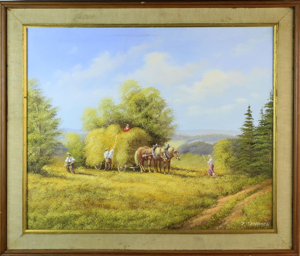 Ralph Sandner Oil Painting on Canvas: Depicting farmers with horses and a wagon in a hay field, signed lower right "R. Sandner", measures 20"H 24"W sight, 24.5"H x 28.75"W framed, circa 20th century.