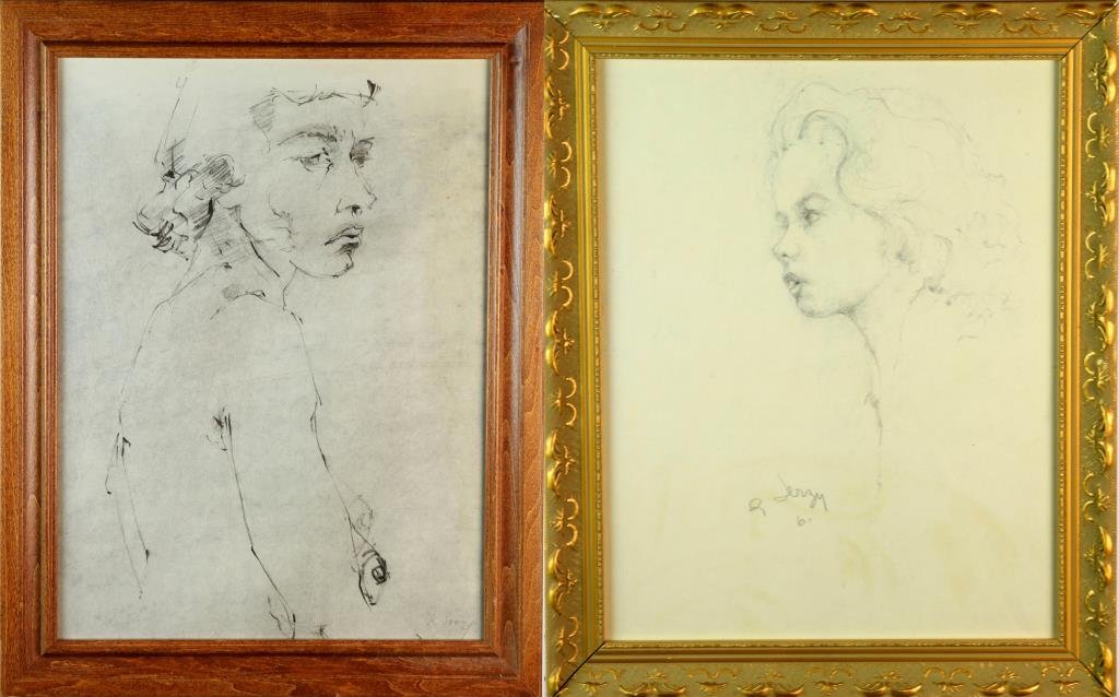 (2) Richard Jerzy Portrait Drawings on Paper: To include two drawings, one in pencil and one in charcoal, both on paper and depicting female portraits, both signed lower right, one "R. Jerzy", one "R. Jerzy 61" Richard Jerzy (1944-2001), Michigan