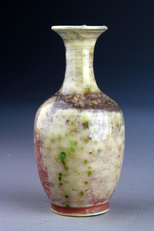 Chinese Qing Flambe Glazed Porcelain Vase: Having a multicolor glaze, having an original wax export seal to underside, and bearing an original paper label to neck, 4.125"H, circa 19th century. Collection of the Late Robert Willis owner of R.F.