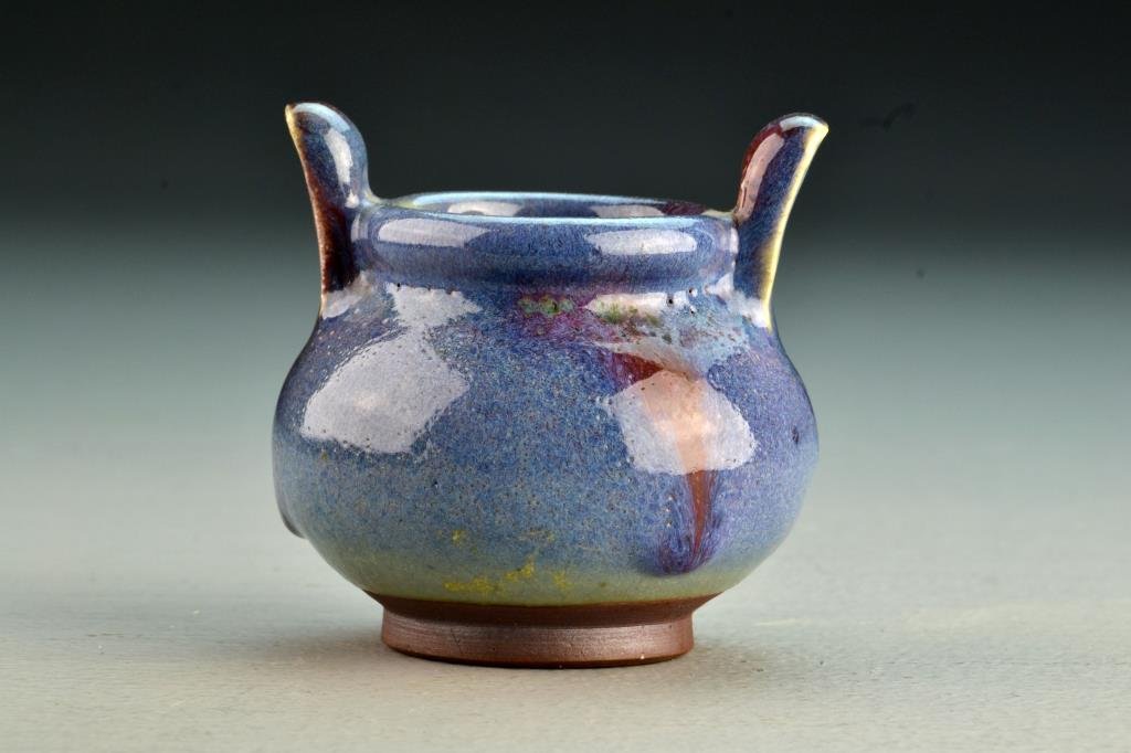 Chinese Qing Porcelain Censor: Covered all over in a rich blue, purple, and lavender glaze with China stamp to base, 3.25" H circa 19th Century. Collection of the Late Robert Willis owner of R.F. Willis Galleries, Grand Rapids, Mic