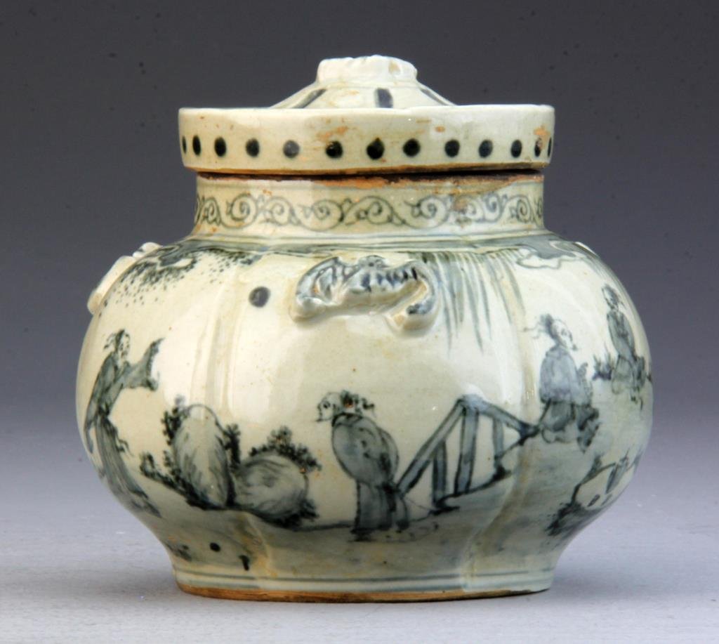 Chinese Yuan Style Porcelain Covered Pot: Finely painted in blue and white to depict scholars within a landscape having decorative banding and protruding bats, with a moth at the center of lid, measures 5.75"H.