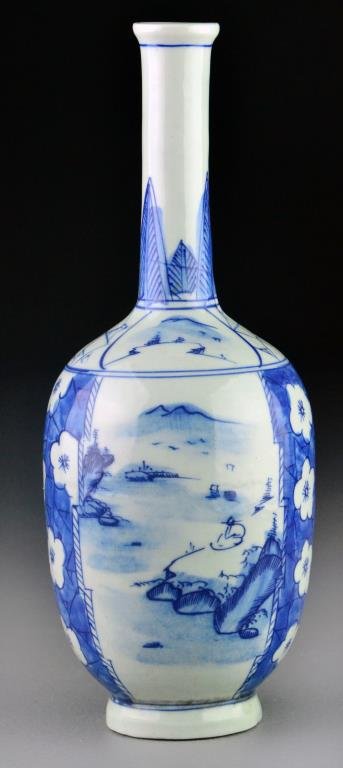 Chinese Blue & White Porcelain Vase: Depicting a mountain lake landscape, raised on short foot ring, base bearing six character mark in underglaze blue, 9"H.