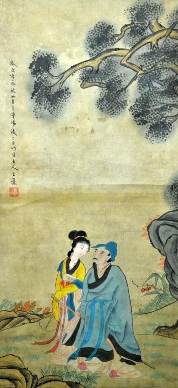 Chinese Scroll Painting Manner of Wang Su: Chinese Scroll Painting Manner of Wang Su. Polychrome painting depicting a courting couple under ancient tree, with one line of calligraphy and one red seal mark, 20.5" W x 66" L. Condition: good. Pro