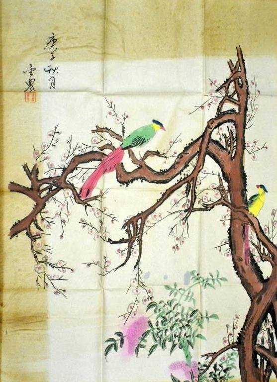 Chinese Polychrome Painting Manner of Jing Nong: Chinese Polychrome Painting Manner of Jing Nong. Depicting birds perches in flowering tree, 27" x 27" Square. Condition: good, in protective envelope. Property of a Grosse Pointe, Michigan, gentleman.