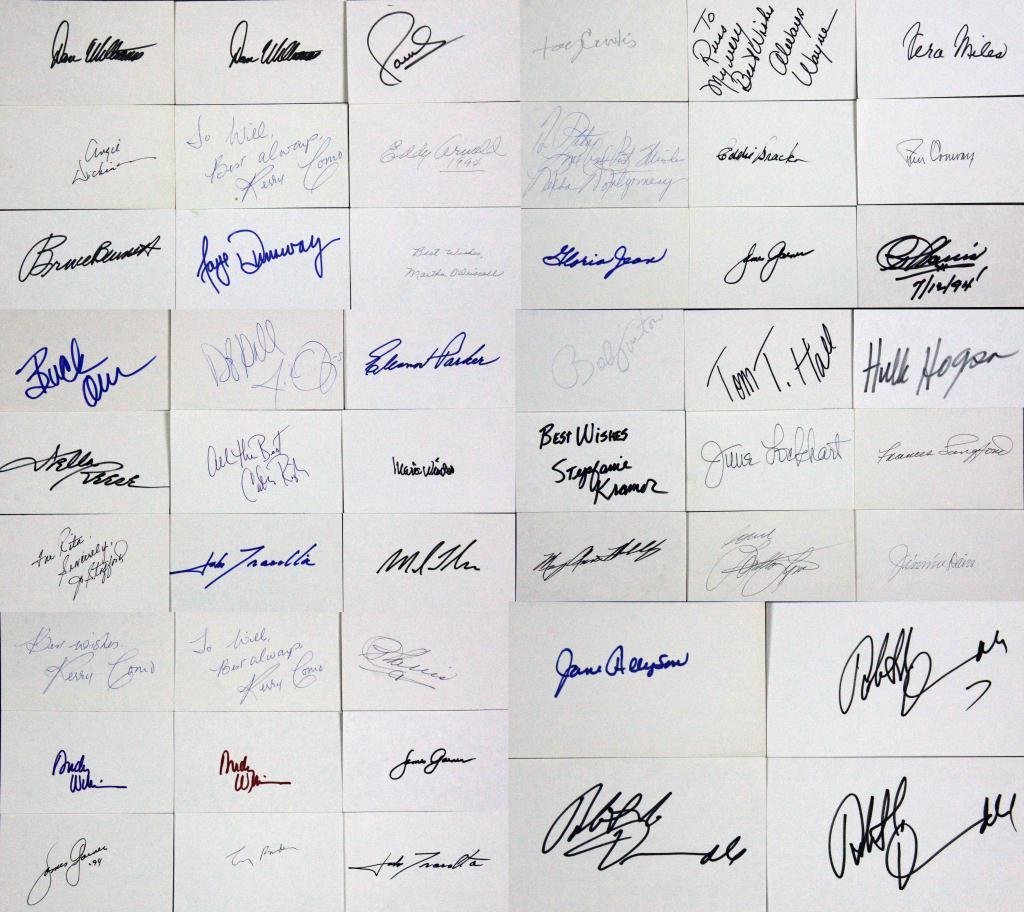 (40+) Celebrity Autographs: To include June Allyson, Tony Randall, James Garner, Andy Williams, Stephanie Kramer, Tom T. Hall, Mel Tillis, Marie Wexler, Buck Owen, Wayne Newton, Tony Curtis, Paul Anka, etc. on 3 x 5 cards, some