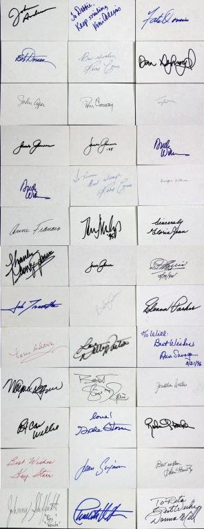 (35+) Celebrity Autographs: To include Andy Williams, Donna Mills, Charleton Heston, Jean Simmons, Kay Starr, Robert Stack, Gale Storm, Box Car Willie, Jonathon Winters, Robert Ryan, Wayne Newton, Dolly Parton, Eleanor Parker, B