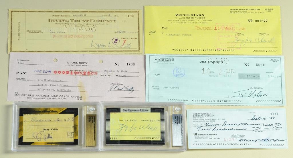 (7) Signed Checks: Zeppo Marx, J. Paul Getty, etc.: To include checks signed by: (2) Zeppo Marx signed check & check cut, J. Paul Getty, Walter Winchell, Harry Morgan, Jim Nabors, & Rudy Vallee signed check cut,