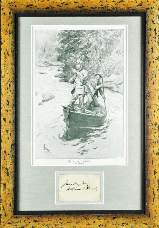 Signed W. T. Smedley Card & Framed Print: Signed card by W. T. Smedley (1858 - 1920) American illustrator, with a print titled The Critical Moment, with Certficate of Authenticity provided by Period Paper, 21.5" H x 15" W, sight & frame.