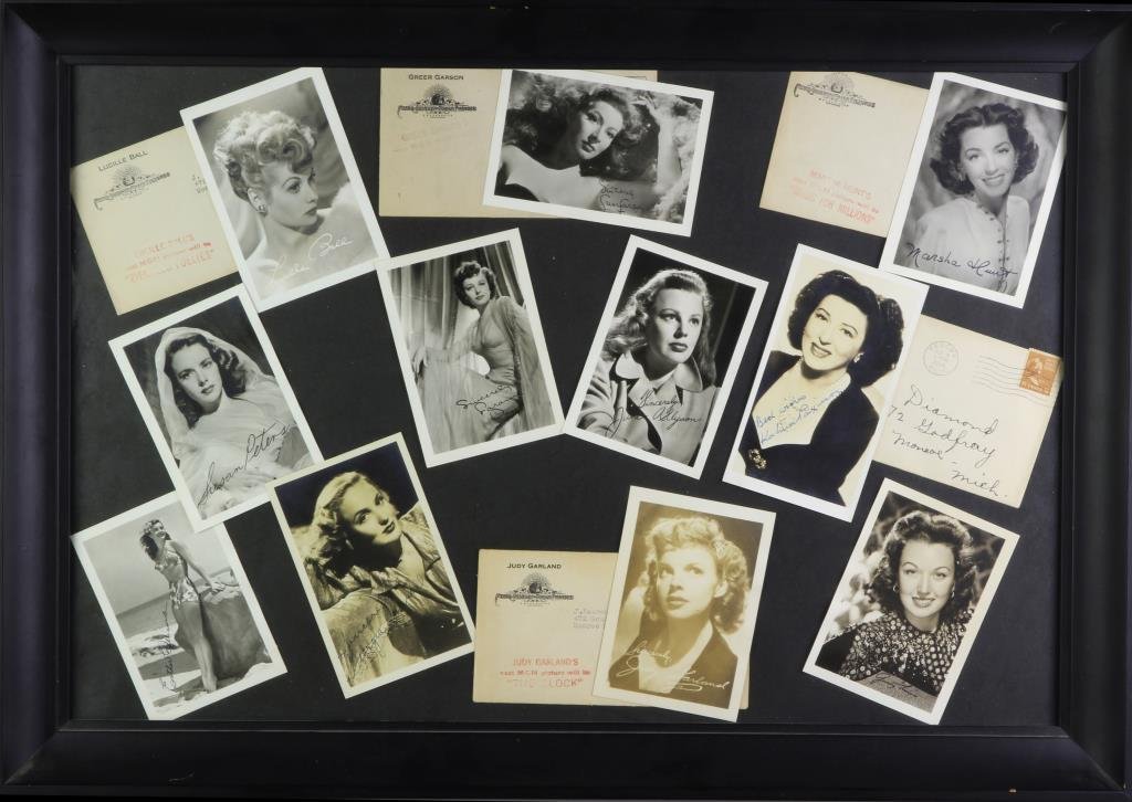 (11) Framed Photos Of 1940's Actresses Some Signed: To include eleven framed Hollywood glamour photos of 1940's stars including: Susan Peters, Esther Williams, Georgia Carroll, Laraine Day, Greer Garson, Marsha Hunt, June Allyson, Lucille Ball, Judy Ga