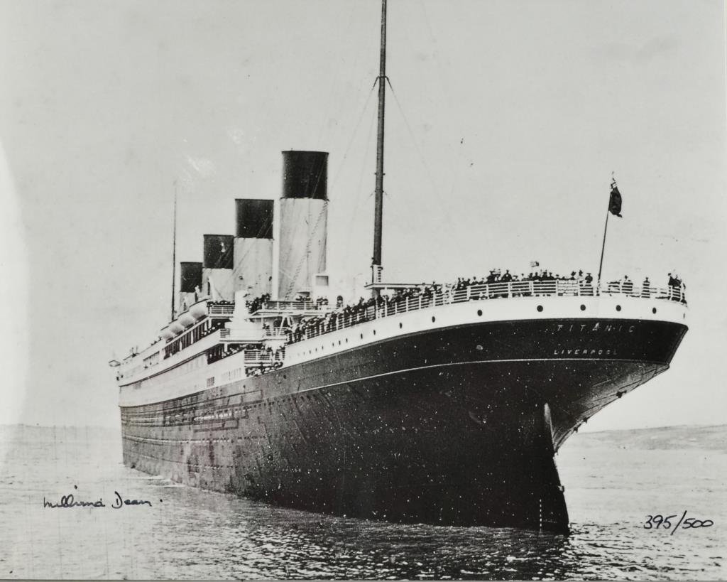 (2) Signed Titanic Survivor & Titanic Actress Gloria: To include a photograph of Titanic survivor Millvina Dean, along with signed photo of the Titanic, 395/500, along with Certificate of Authenticity provided by Todd Mueller. A signed photograph of Tita