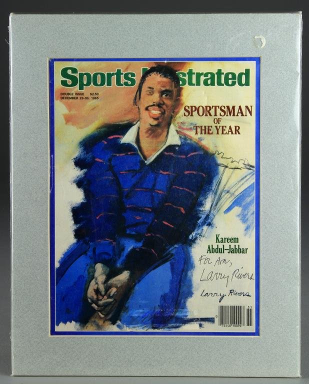 Sports Illus. Cover Of K. A.Jabbar Signed By Larry: A December 23-30, 1985, Sports Illustrated cover of Kareem Abdul-Jabbar, signed by the artist Larry Rivers, 1923 -2002, 14" H x 11" W, sight & mat.