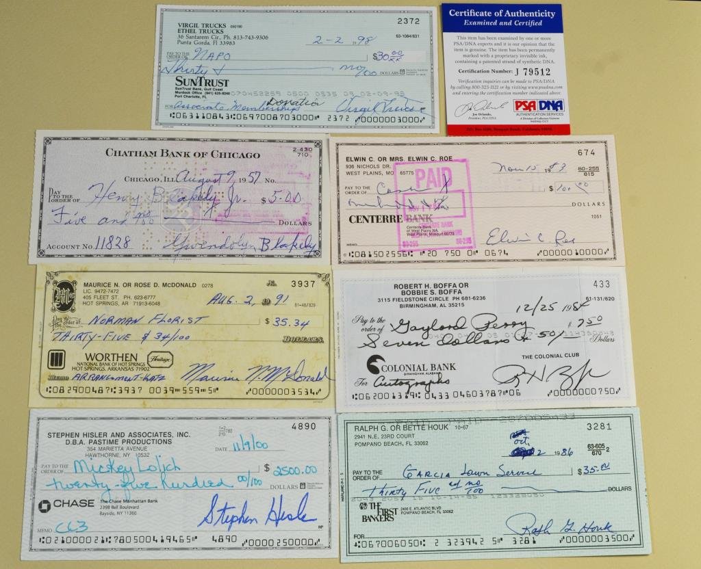 (7) Signed Checks: Gaylord Perry, Preacher Roe Etc.: To include signed checks by baseball notables: Elwin " Preacher" Rowe, Gaylord Perry, with PSA, Virgil Trucks, Ralph Houk, Mickey Lolich, the officer who arrested Lee Harvey Oswald, Maurice N. Mc Dona