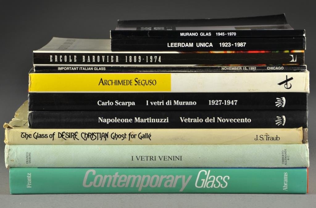 (10) Books On Art Glass, Inc. Murano, Italian, Seguso,: A collection of 10 books pertaining to Murano Glass, The Art Glass of Archimede Seguso, The Art Glass of Ercole Barovier, Important Italian Glass, Leerdam Unica, Carlo Scarpa, I. Vetri Venini, Napoleo