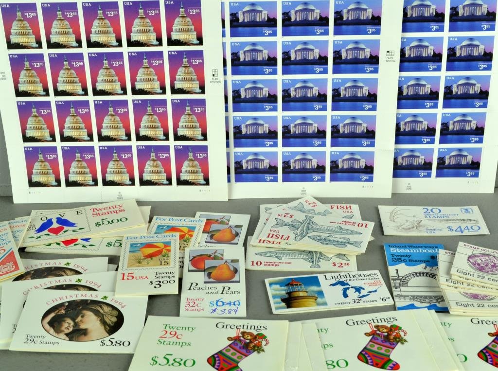 $ 567.00 Face Value Of 22c To 32c U.S. Stamp Booklets: To include $567.00 face value of 22 cent to 32 cent U.S. stamp booklets, as well as a sheet of 20, $13.65 each stamps, & two sheets of 20 each $3.85 stamps.
