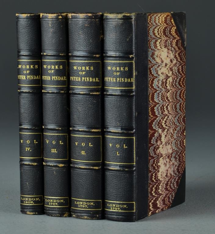(4) 1797 & 1802 The Works Of Peter Pindar: Complete four volume set of The Works of Peter Pindar, (pseudonym of satirist John Wolcot 1738 - 1819,) London: printed for John Walker, volumes 1, 2, 3, 1797, volume 4, 1802, marbled boards & edges,