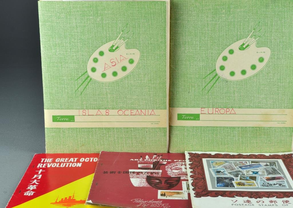 (5) Soft Cover Stamp Albums Of Soviet, Chinese, Etc.: To include three soft cover stamp albums of the Soviet Union, & two soft cover albums of Soviet, Chinese, Mongolian, European, etc. stamps.