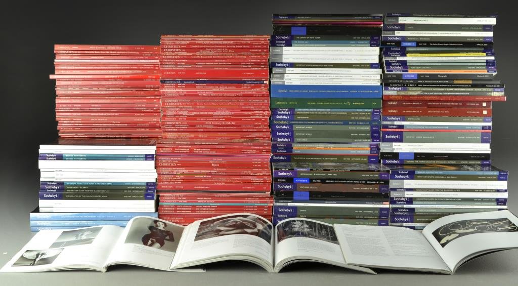 (250) Sotheby's & Christie's Catalogs Paintings,: A collection of 250 Sotheby's and Christie's auction catalogs pertaining to paintings, prints, multiples, photographs, vintage posters, musical instruments, guns, antique arms, & armour, furniture & d