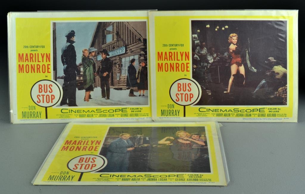 (6) Bus Stop & Don't Bother To Knock Lobby Cards Monroe: To include three Bus Stop, lobby cards featuring Marilyn Monroe, copyright 1956, 20th Century Fox, 56/343. Three Don't Bother To Knock, lobby cards featuring Marilyn Monroe, copyright 1952, 20th Centu