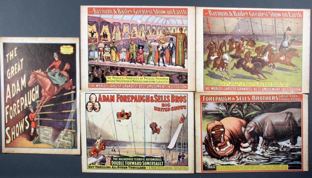 (35) Circus Posters Etc.: To include mid 20th century two large circus posters: Royal Ranch Wild West Circus, King Bros. Circus, 42" H x 28" W. Sells & Gray 3 Ring Circus, Clyde Beatty & Cole Bros. Worlds Largest Circus, 28" H