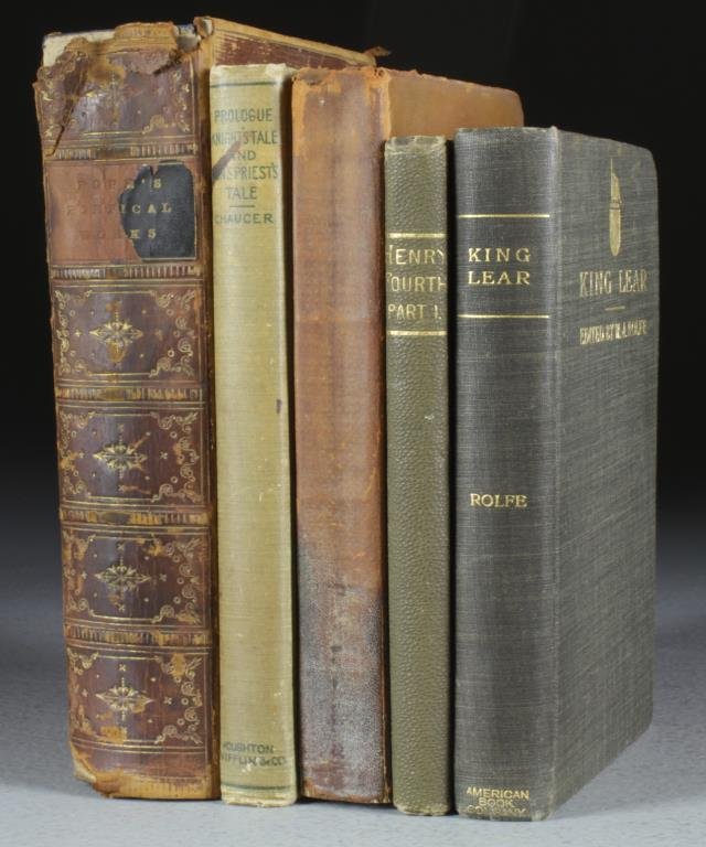 (5) 19th C. Shakespeare, Burn's, Pope, Chaucer: To include: The Poetical Works of Alexander Pope, with notes by Dr. Warburton, Philadelphia: Willis P. Hazard, 1856, illustrated, leather boards, raised spine with gilt decorations, marbled edges & en