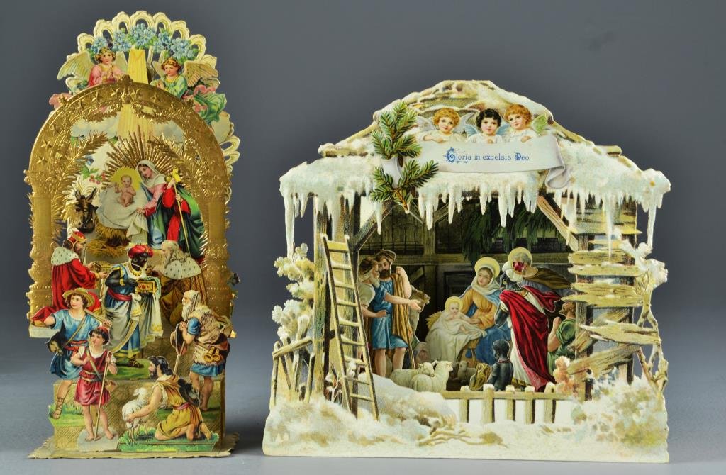 (2) Circa 1900 Ornate Fold Out Nativity Scenes: Two circa 1900 ornate foldout Nativity Scenes, the largest: 9.5" H x 10.5" W. Condition: on the smaller of the two scenes a shepard has a missing forearm, otherwise both are in fine condition.