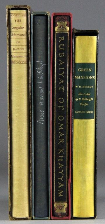 (4) Mid Century Books In Covers: To include The Singular Adventures Of Baron Munchausen, Heritage Press, 1952. Rubaiyat Of Omar Khayyam, Random House, 1947. Green Mansions, by W. H. Hudson, Random House, 1944. Gift From the Sea, by A