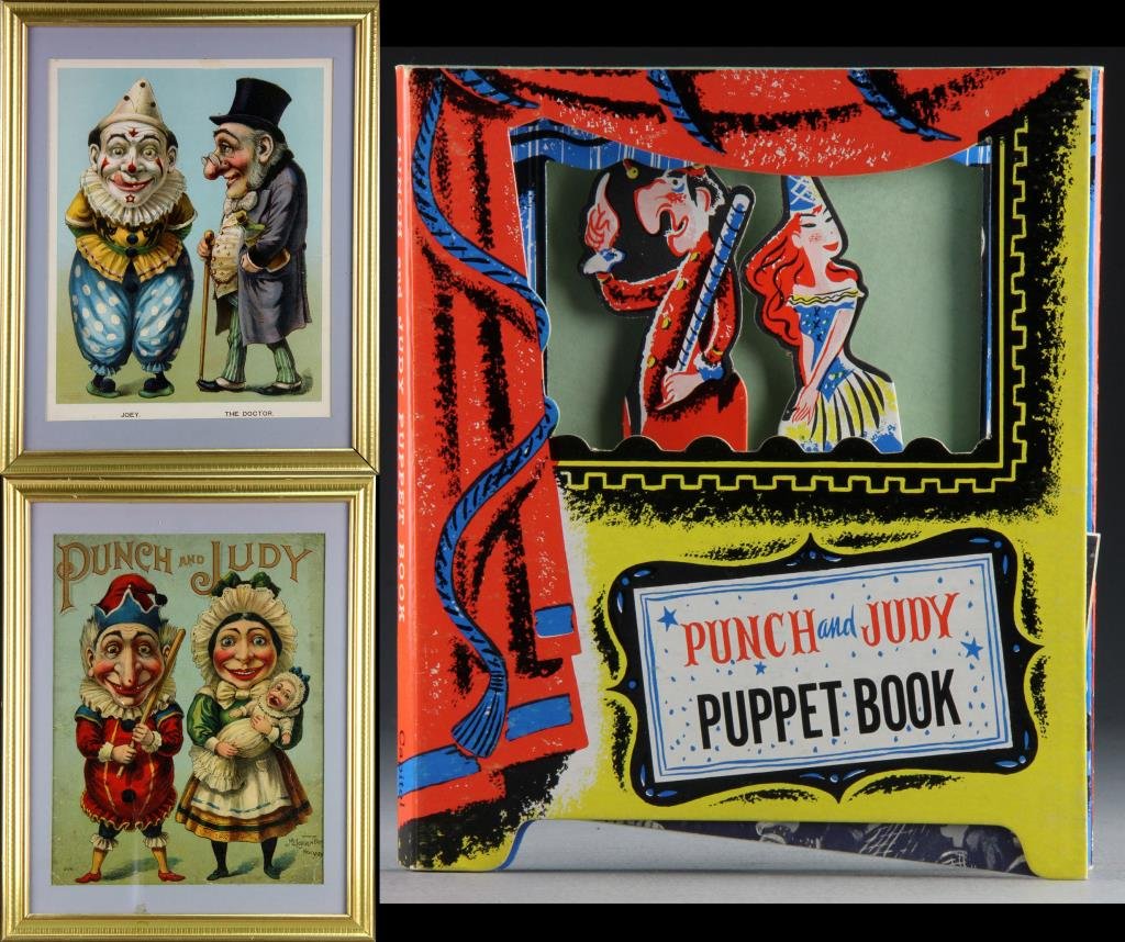 (3) Punch & Judy Framed Book Cover & Book: To include to original 1902 framed Punch & Judy book covers, 15" H x 12" W sight & frame.1949 Punch & Judy Puppet Book, fine condition.