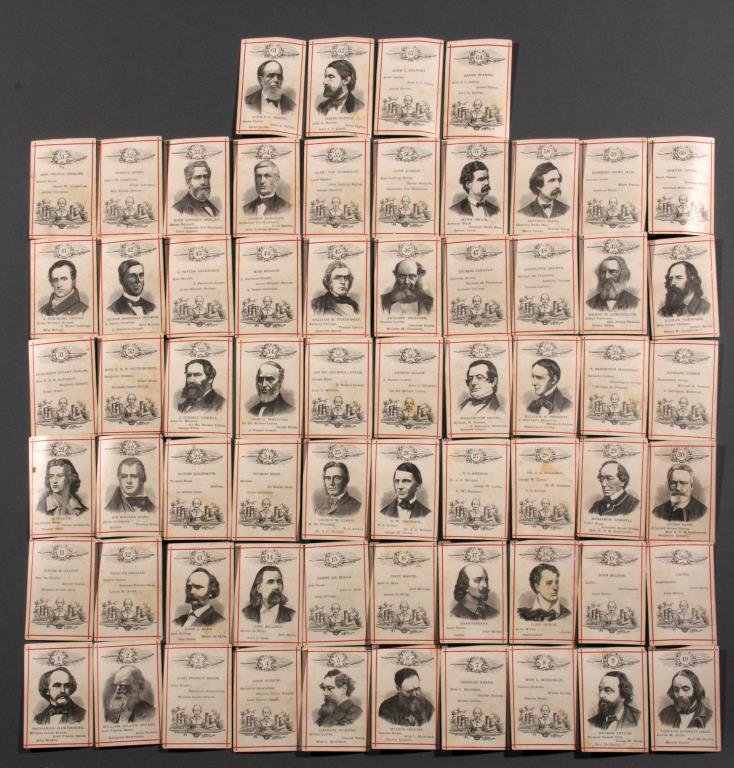 (64) 19th Century Authors Cards For A Game: To include 64 cards of 19th century American & British authors & humorists, includings Mark Twain, Josh Billings, Artemus Ward, cards are on playing card stock and are complete one to sixty four, circ