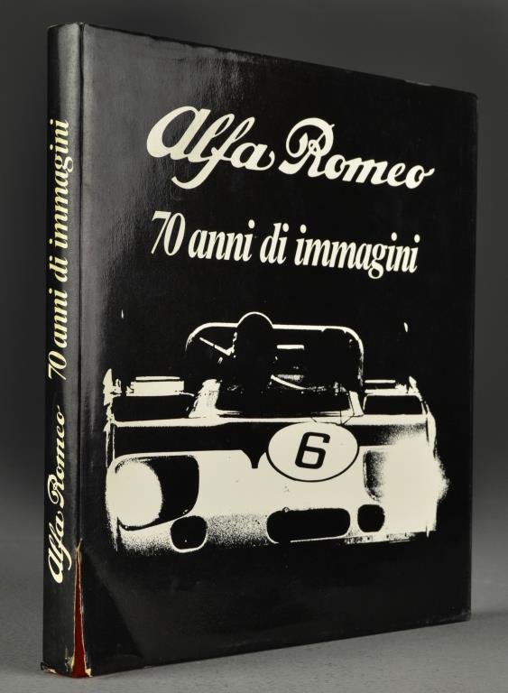 1980 Alfa Romeo 70 Anni Di Immagini: Alfa Romeo 70 Anni Di Immagini, published in Italian 1980, a business card of Gaetano Leardi, representing Alfa Romeo, on the free endpaper & signed, the dust jacket has a 2" tear at the foot of the s