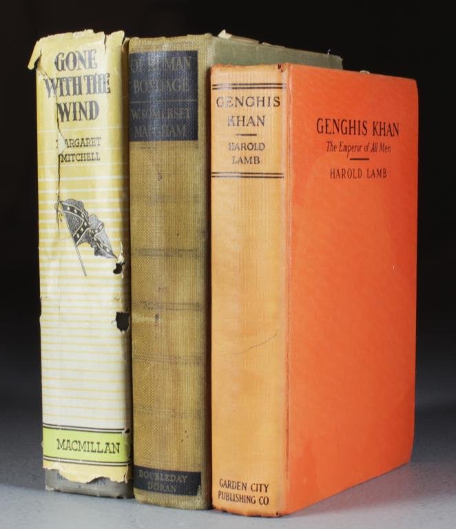 (3) Somerset Maugham, Margaret Mitchell, Harold Lamb: To include Genghis Khan, by Harold Lamb, Garden City Publishing, 1927, illustrated, condition: one illustrated fold out present but loose, otherwise fine condition. Gone With The Wind, by Margaret Mit