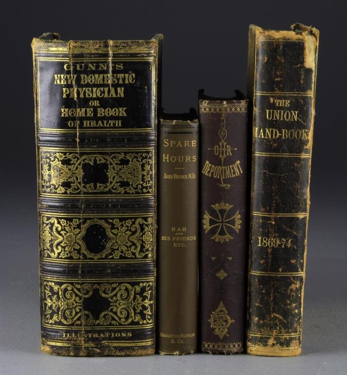 (4) 19th Century Medical, Almanac, Etiquette, Books: To include Gunn's New Domestic Physician, 1863, The Union Hand Book 1869 to 1874, bound edition of the almanac provided by the Cincinnati Weekly Times, Our Deportment, F. B. Dickerson & Co., Detroit, 
