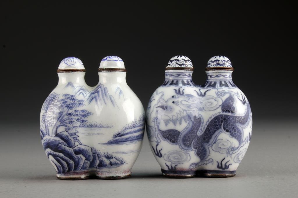 (2) Chinese Enamel Double Snuff Bottles: To include two double snuff bottles, one painted to depict mountainous landscape, other depicting four clawed dragon chasing flaming pearl among ruyi clouds, bases bearing two character marks in under