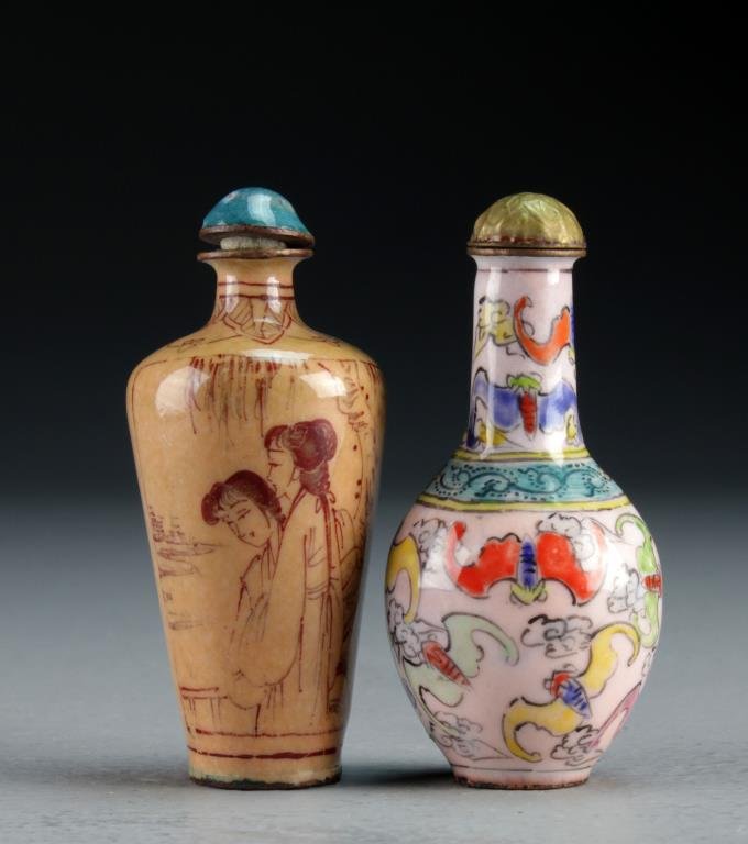 (2) Chinese Enamel Snuff Bottles: One painted in monochrome to depict beauties in landscape scenes, the other a colorful example painted to depict bats among ruyi clouds, both measure 2.6"H.