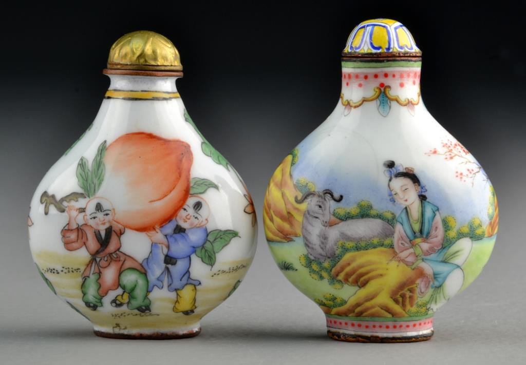 (2) Chinese Famille Rose Enamel Snuff Bottles: Finely painted to depict youth and a beauty in landscape scenes, one also depicting giant peach and bats, bases bearing four character mark in underglaze blue and iron red, both measure 2.6"H.