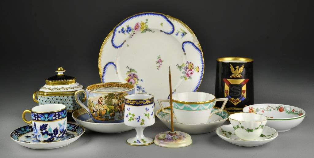 (11) Pcs. Continental Porcelain Items Inc. Limoges: To include a hand painted Limoges tankard, oversized cup and matiching saucer depicting animals and figures, KPM boullion cup and saucer, small Limoges bowl, porcelain receipt holder and various other